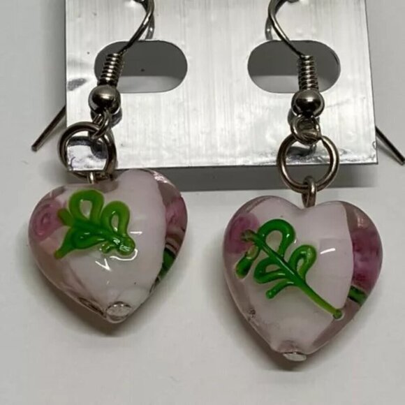 New Fashion Brand Earrings Murano Style Pink Glass Heart Beads Dangle Hook NWT - Picture 2 of 9